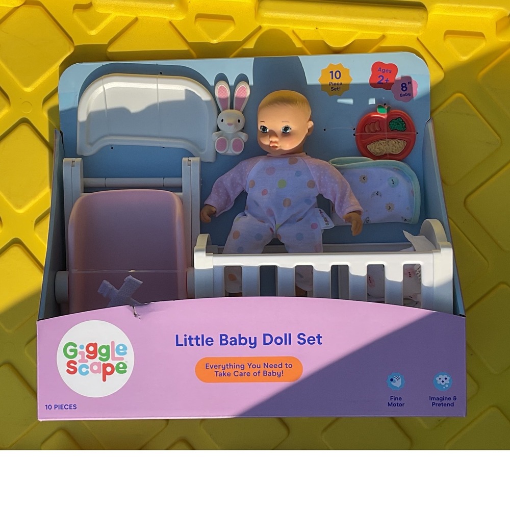Giggle Scape Little Baby Doll Set 8 inch Doll with Crib High Chair 10 Pieces NEW
